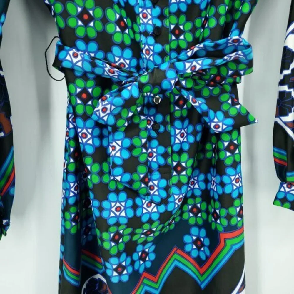 VTG Lanvin Spread Collar Patterned Self-Belt Shirt Dress M/L Blue/Green Print